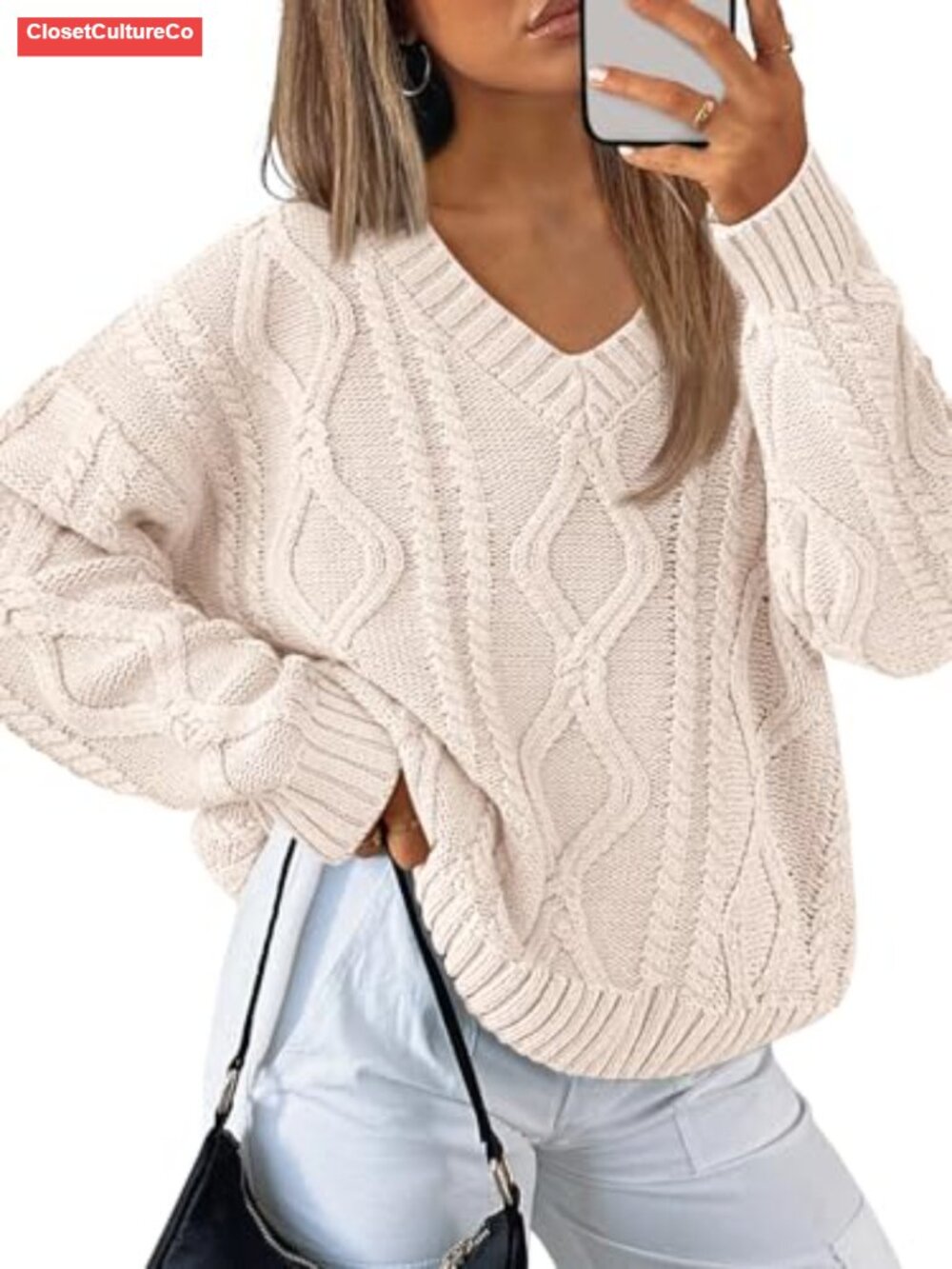 Womens V Neck Cable Knit Oversized Pullover Sweater Cotton Acrylic - Picture 1 of 5
